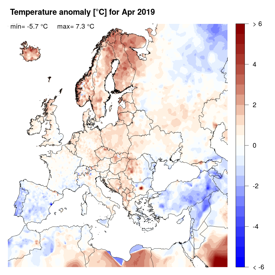 Temperature anomaly [°C] for April 2019, relative to a long-term average (1990-2013). Blue (red) denotes colder (warmer) temperatures than normal.