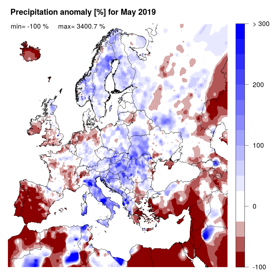 Precipitation anomaly [%] for May 2019, relative to a long-term average (1990-2013). Blue (red) denotes wetter (drier) conditions than normal.