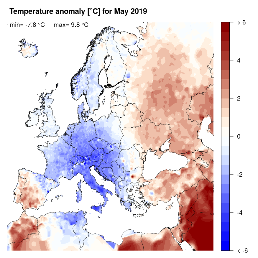 Temperature anomaly [°C] for May 2019, relative to a long-term average (1990-2013). Blue (red) denotes colder (warmer) temperatures than normal.