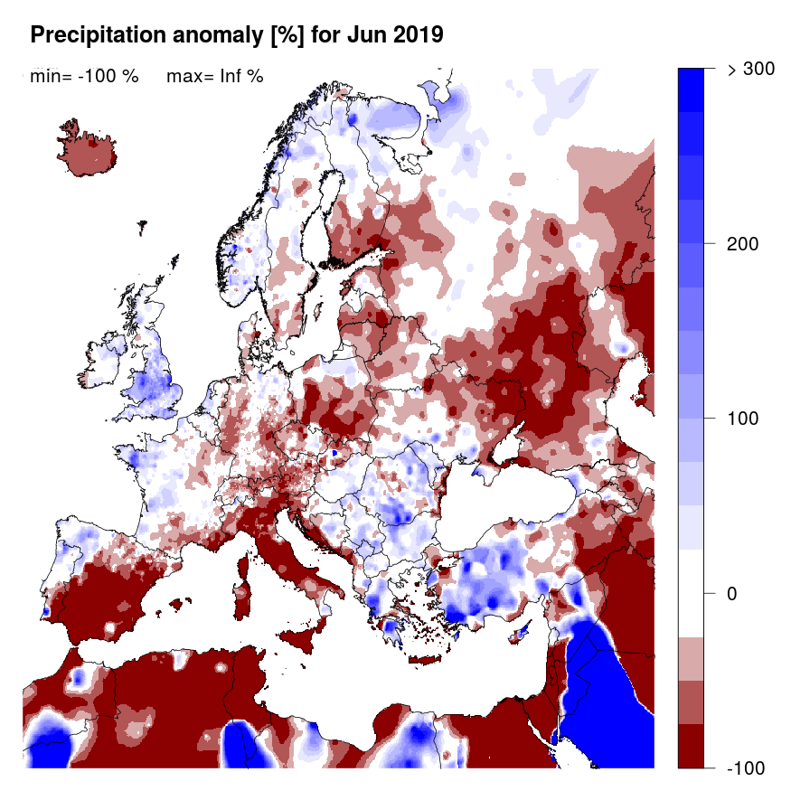 Figure 2: Precipitation anomaly [%] for June 2019, relative to a long-term average (1990-2013). Blue (red) denotes wetter (drier) conditions than normal.