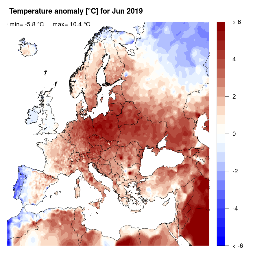 Figure 4: Temperature anomaly [°C] for June 2019, relative to a long-term average (1990-2013). Blue (red) denotes colder (warmer) temperatures than normal.
