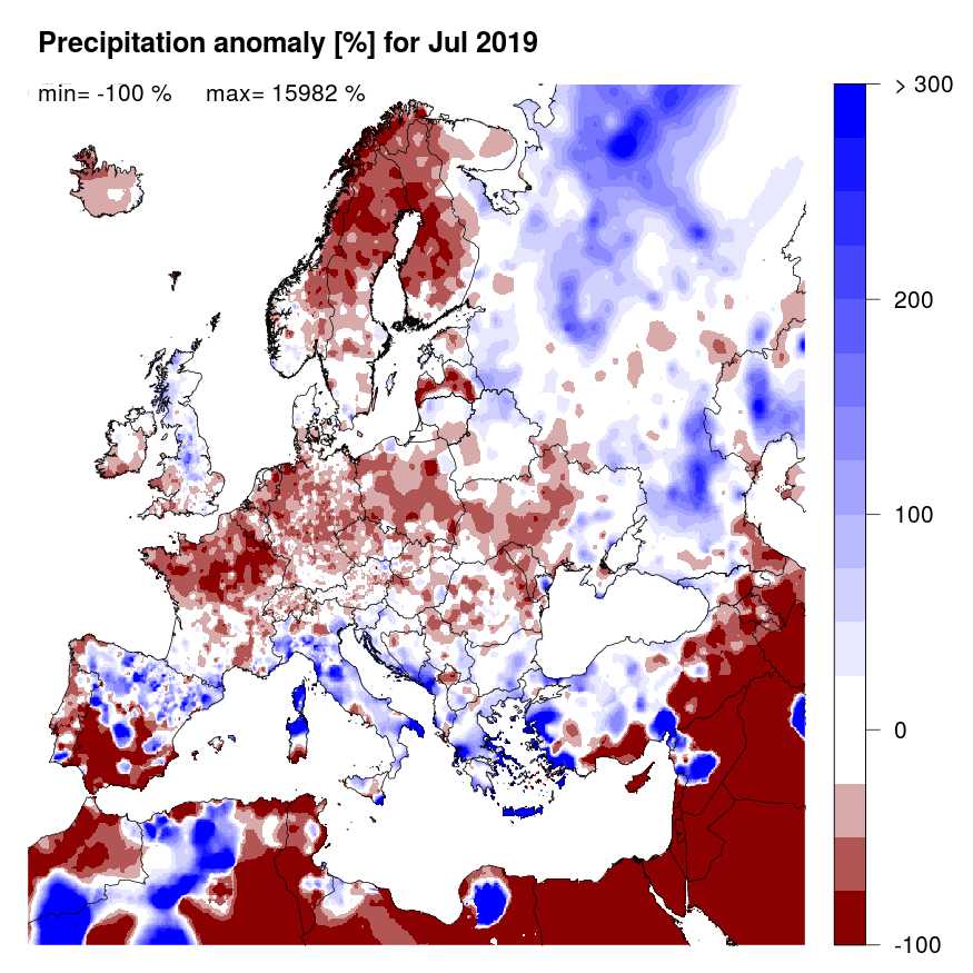 Figure 2: Precipitation anomaly [%] for July 2019, relative to a long-term average (1990-2013). Blue (red) denotes wetter (drier) conditions than normal.