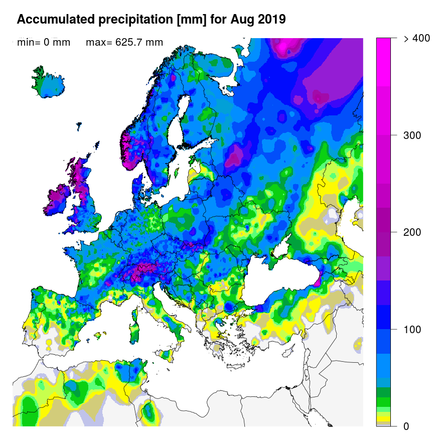 Figure 1: Accumulated precipitation [mm] for August 2019.