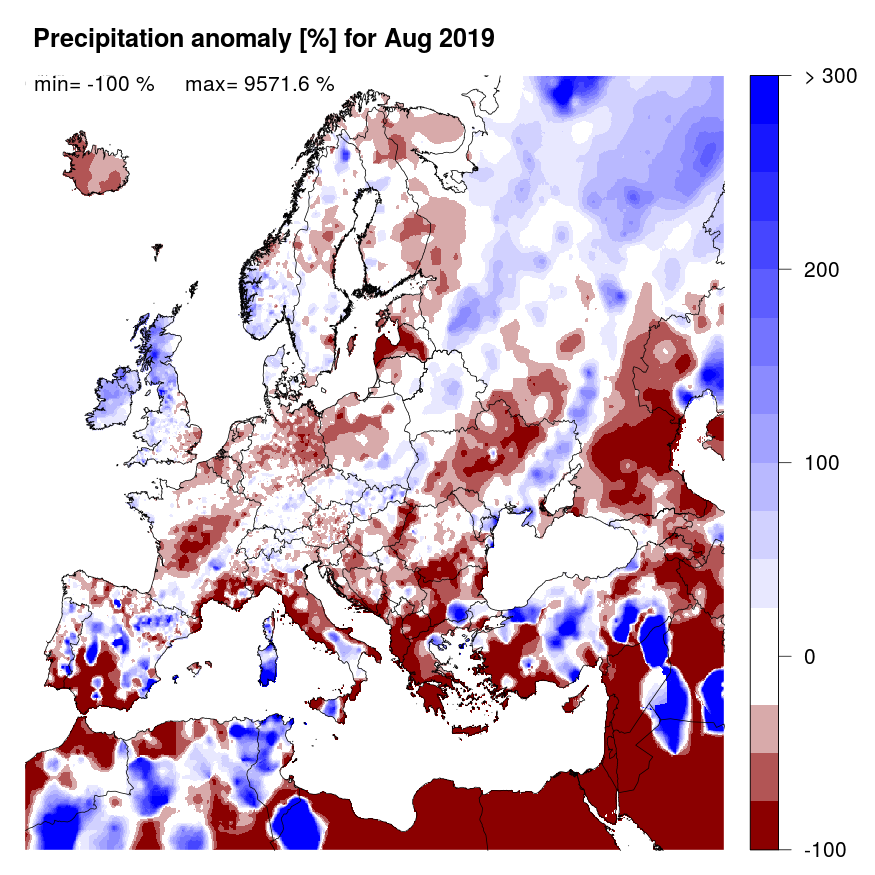 Figure 2: Precipitation anomaly [%] for August 2019, relative to a long-term average (1990-2013). Blue (red) denotes wetter (drier) conditions than normal.
