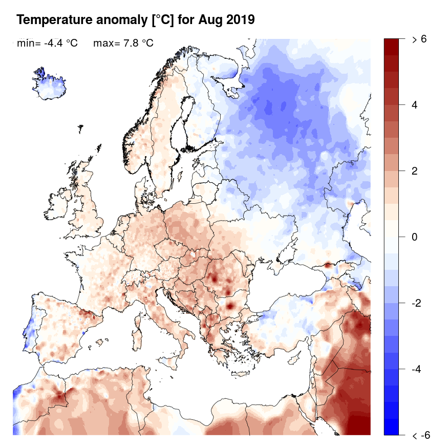 Figure 4: Temperature anomaly [°C] for August 2019, relative to a long-term average (1990-2013). Blue (red) denotes colder (warmer) temperatures than normal.