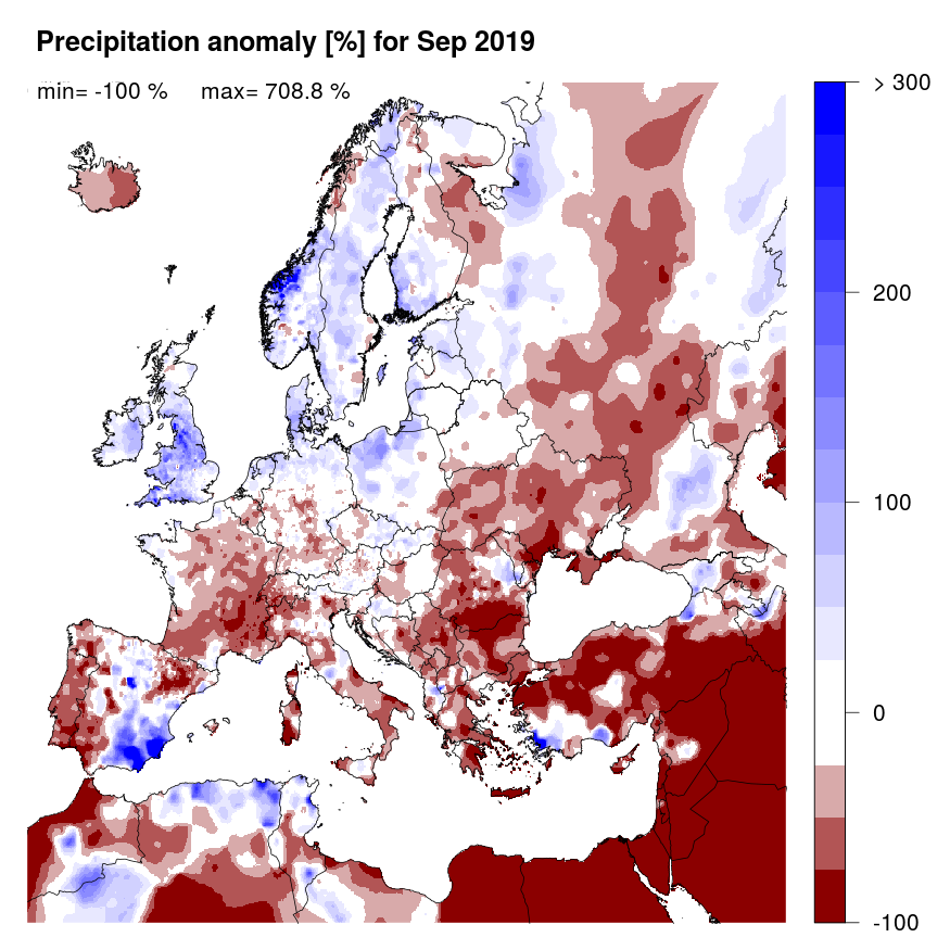 Figure 2. Precipitation anomaly [%] for September 2019, relative to a long-term average (1990-2013). Blue (red) denotes wetter (drier) conditions than normal.