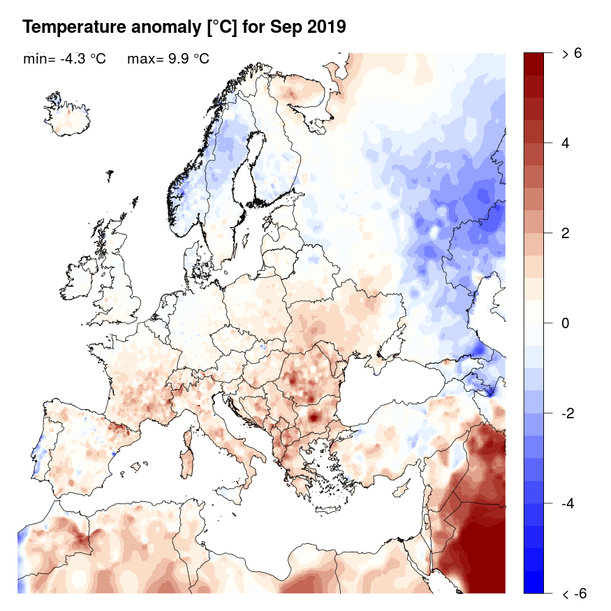 Figure 4. Temperature anomaly [°C] for September 2019, relative to a long-term average (1990-2013). Blue (red) denotes colder (warmer) temperatures than normal.