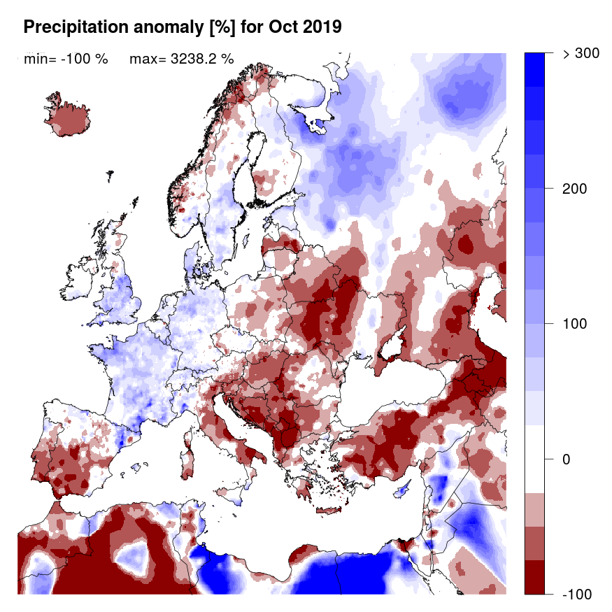 Figure 2. Precipitation anomaly [%] for October 2019, relative to a long-term average (1990-2013). Blue (red) denotes wetter (drier) conditions than normal.
