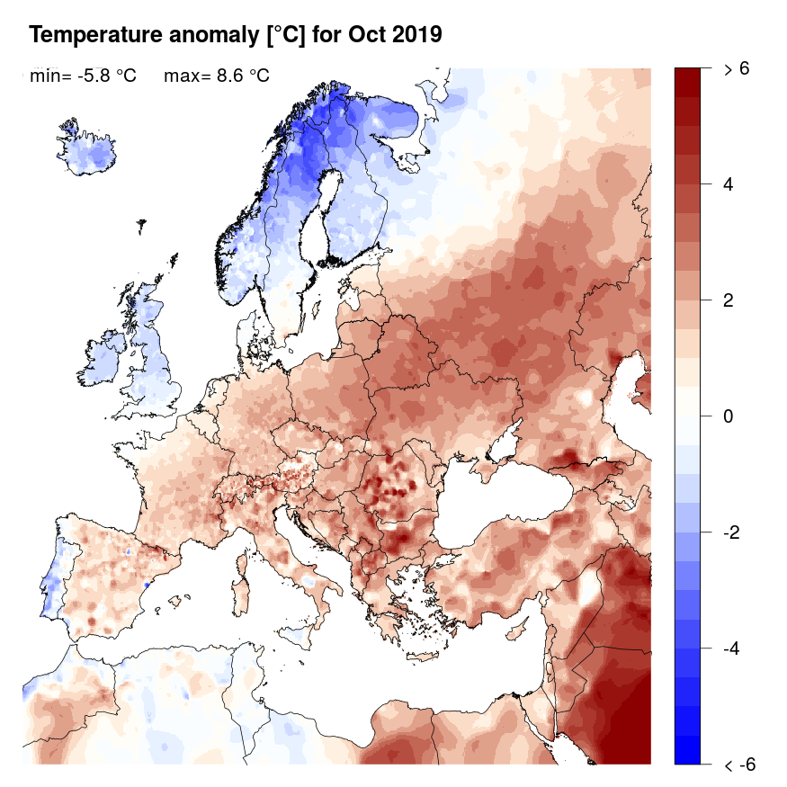 Figure 4. Temperature anomaly [°C] for October 2019, relative to a long-term average (1990-2013). Blue (red) denotes colder (warmer) temperatures than normal.