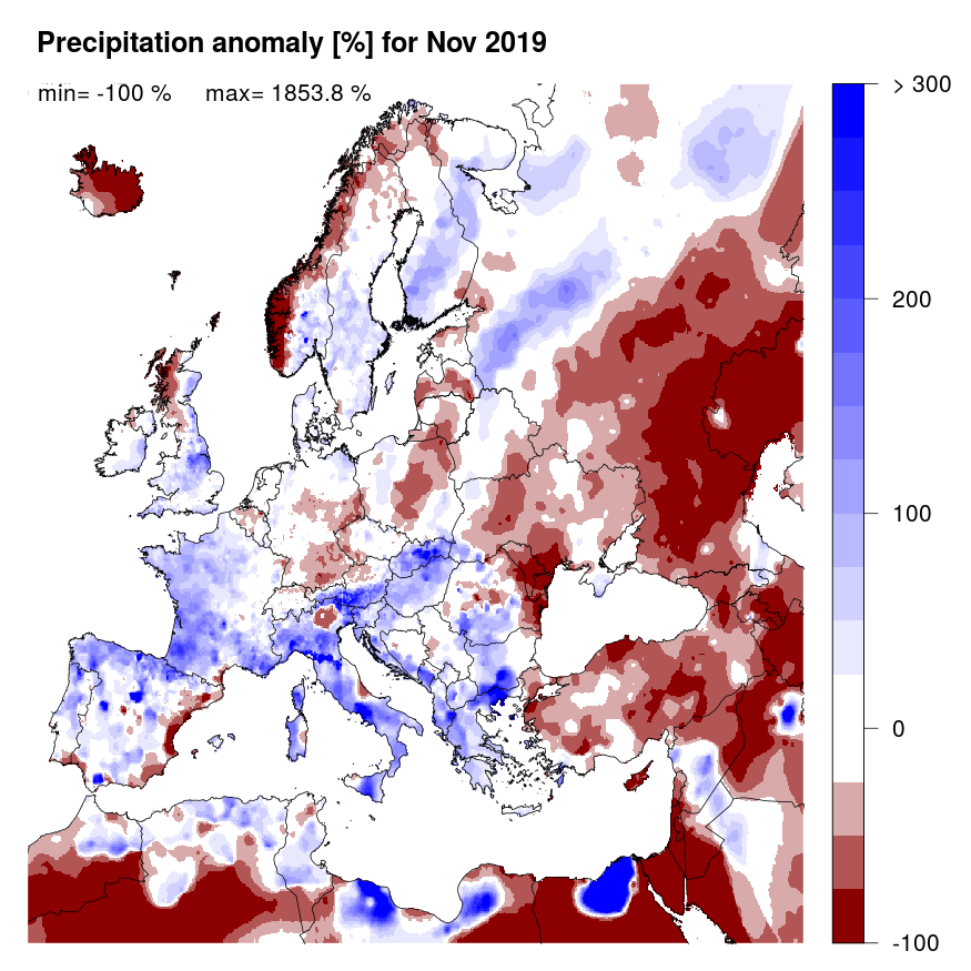 Figure 2. Precipitation anomaly [%] for November 2019, relative to a long-term average (1990-2013). Blue (red) denotes wetter (drier) conditions than normal.