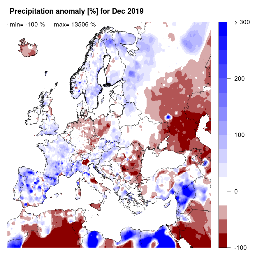 Figure 2. Precipitation anomaly [%] for December 2019, relative to a long-term average (1990-2013). Blue (red) denotes wetter (drier) conditions than normal.