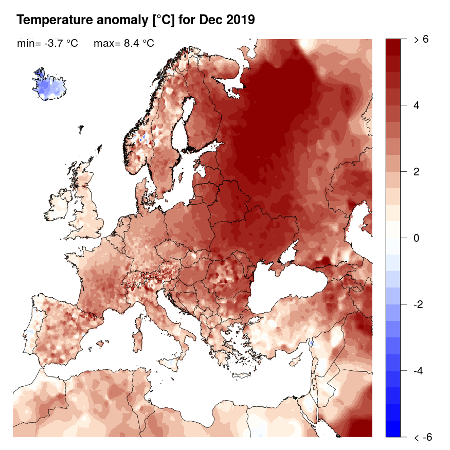 Figure 4. Temperature anomaly [°C] for December 2019, relative to a long-term average (1990-2013). Blue (red) denotes colder (warmer) temperatures than normal.