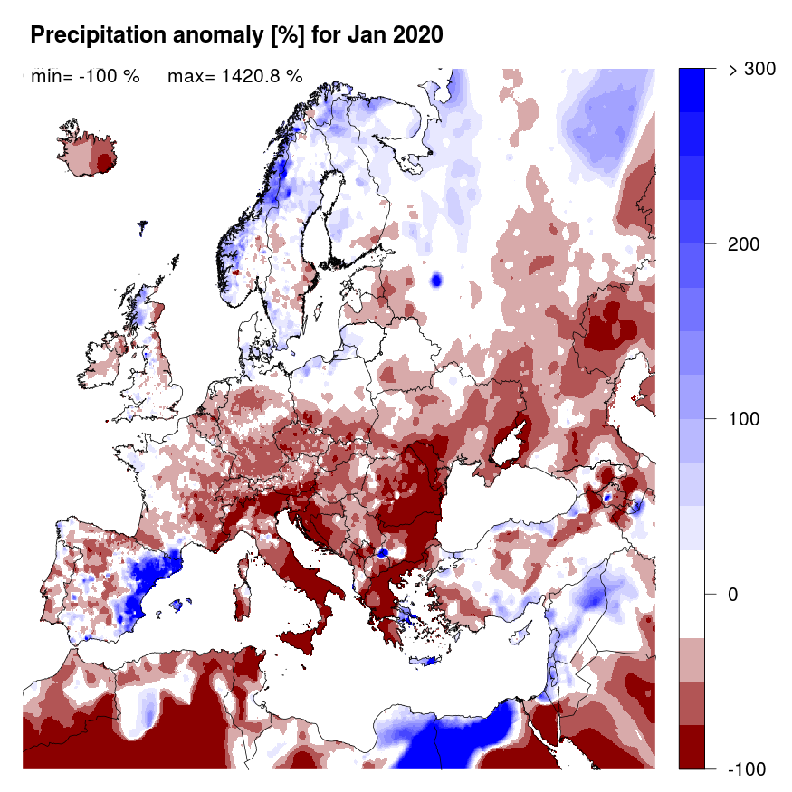 Figure 2. Precipitation anomaly [%] for January 2020, relative to a long-term average (1990-2013). Blue (red) denotes wetter (drier) conditions than normal.