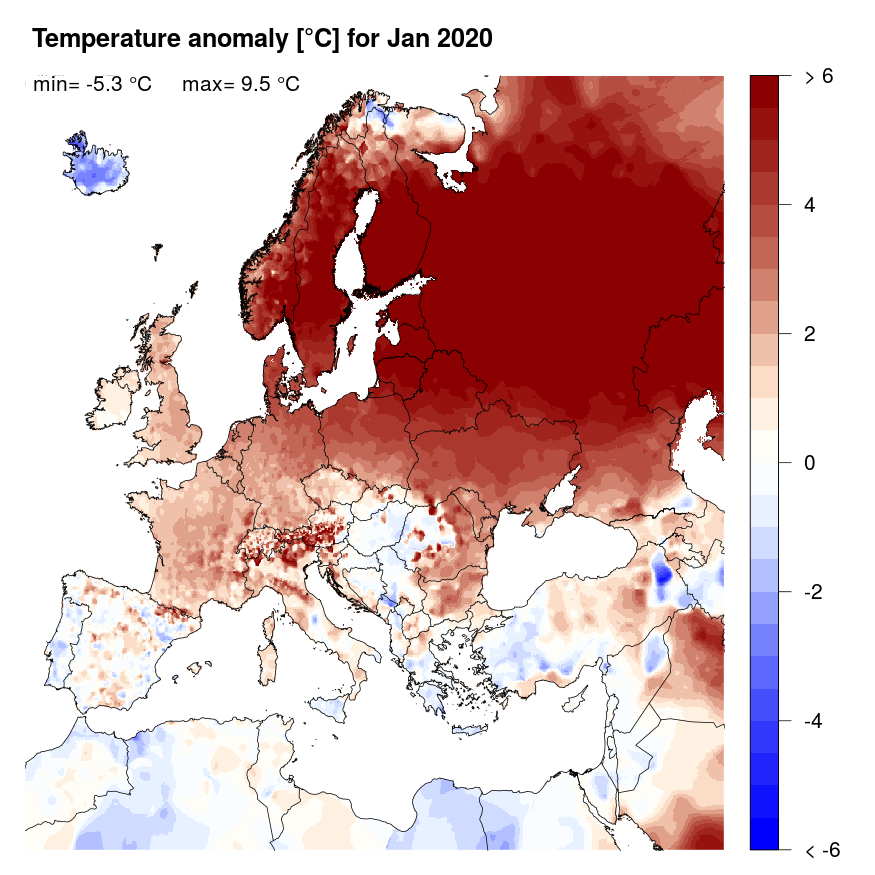 Figure 4. Temperature anomaly [°C] for January 2020, relative to a long-term average (1990-2013). Blue (red) denotes colder (warmer) temperatures than normal.
