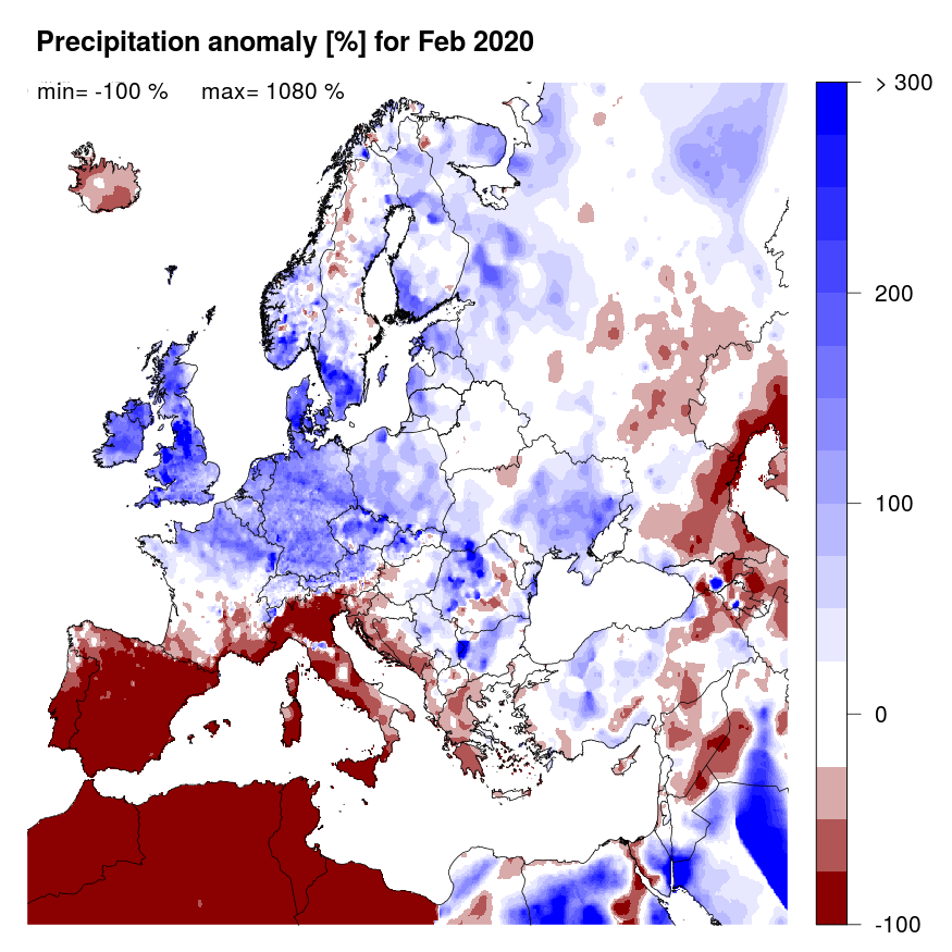 Figure 2. Precipitation anomaly [%] for February 2020, relative to a long-term average (1990-2013). Blue (red) denotes wetter (drier) conditions than normal.