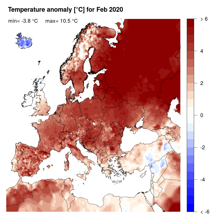 Figure 4. Temperature anomaly [°C] for February 2020, relative to a long-term average (1990-2013). Blue (red) denotes colder (warmer) temperatures than normal.