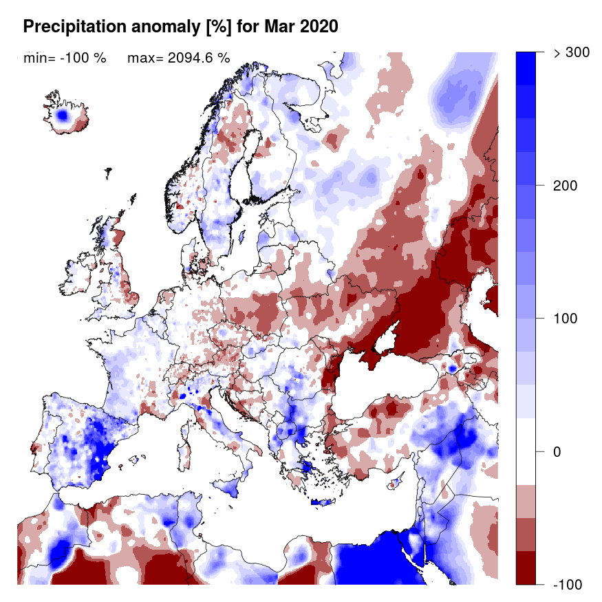 Figure 2. Precipitation anomaly [%] for March 2020, relative to a long-term average (1990-2013). Blue (red) denotes wetter (drier) conditions than normal.