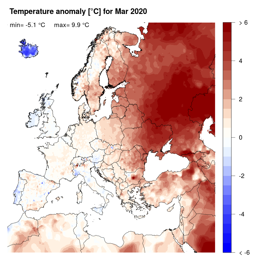 Figure 4. Temperature anomaly [°C] for March 2020, relative to a long-term average (1990-2013). Blue (red) denotes colder (warmer) temperatures than normal.