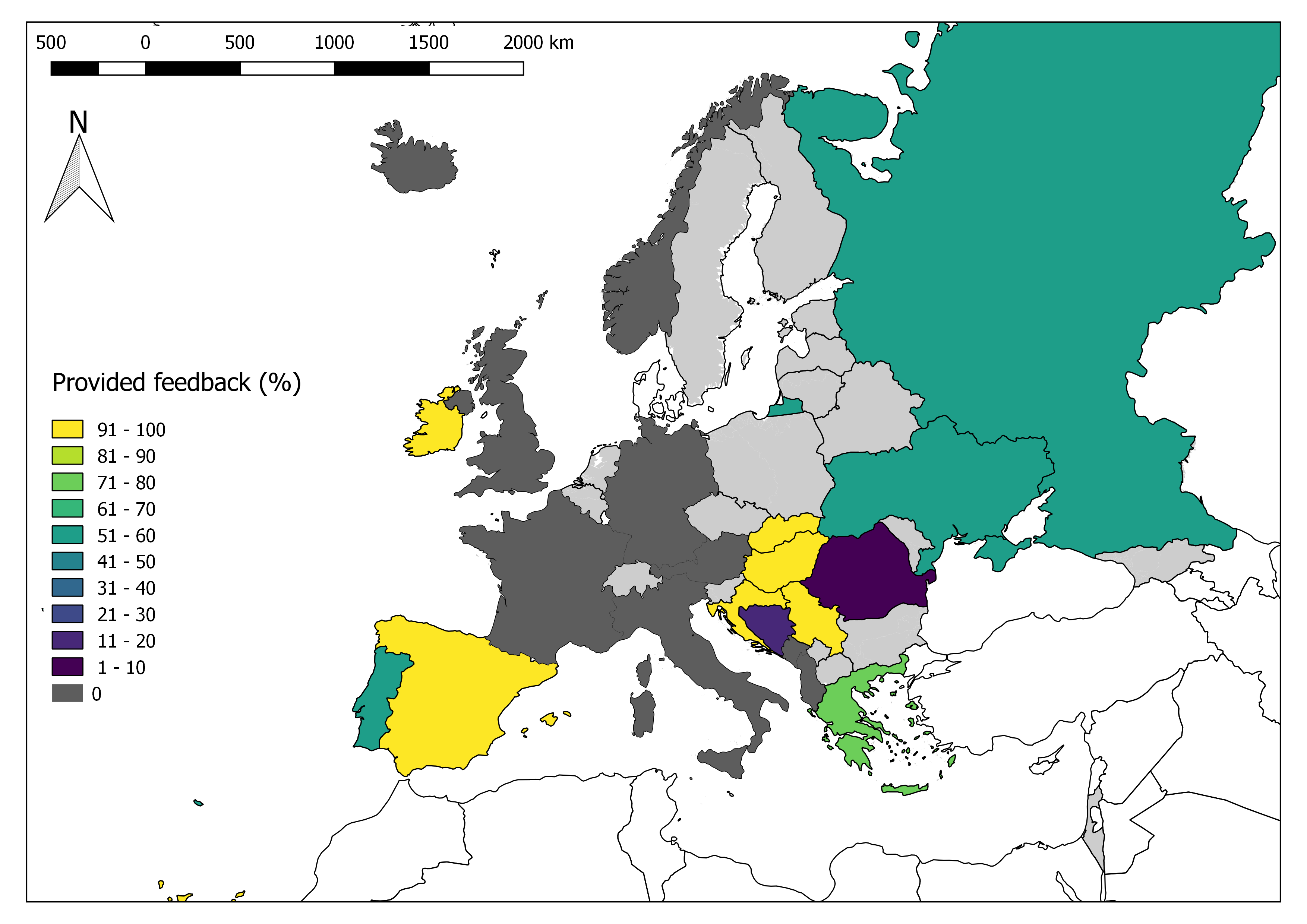 Summary: Percentage of EFAS Formal Flood Notifications for which feedback was provided for 2019, aggregated per country. EFAS partner countries for which no Formal Flood Notifications were issued during 2019 are shaded in grey.