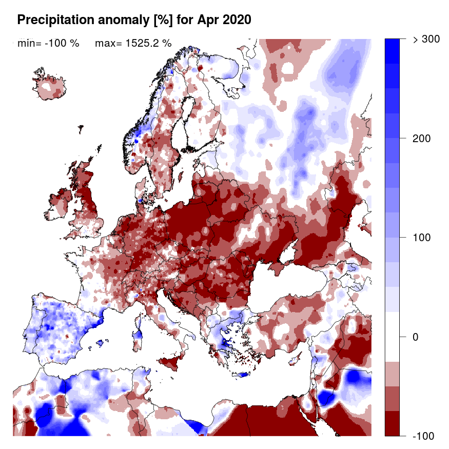 Figure 2. Precipitation anomaly [%] for April 2020, relative to a long-term average (1990-2013). Blue (red) denotes wetter (drier) conditions than normal.