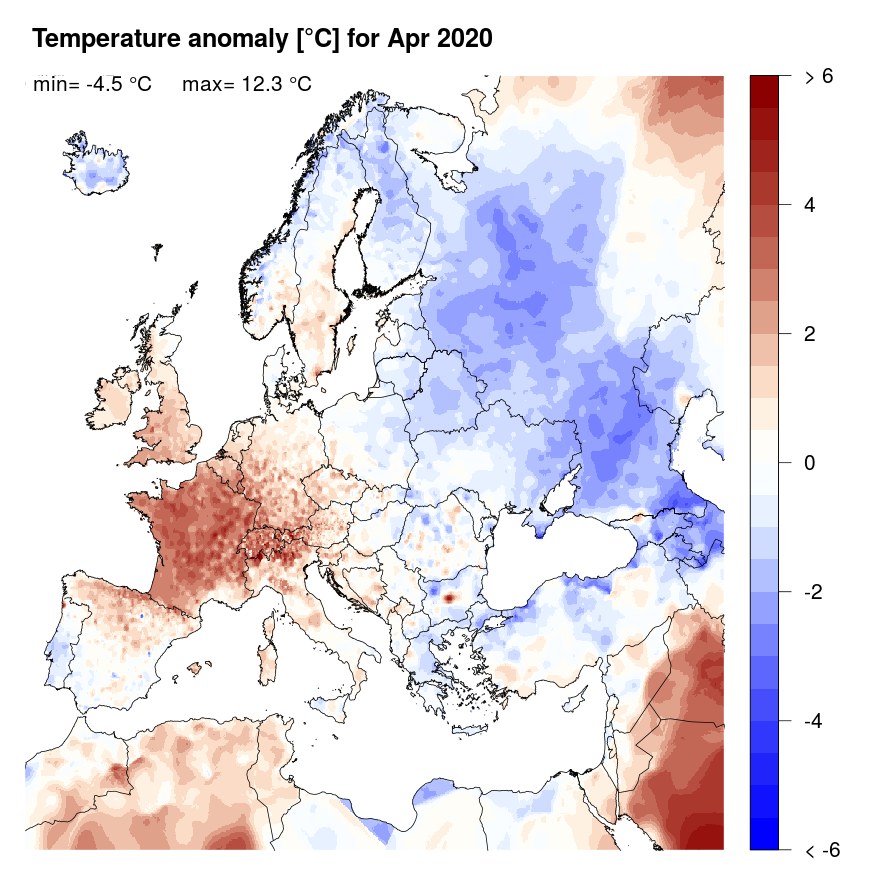 Figure 4. Temperature anomaly [°C] for April 2020, relative to a long-term average (1990-2013). Blue (red) denotes colder (warmer) temperatures than normal.