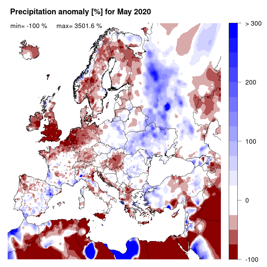 Figure 2. Precipitation anomaly [%] for May 2020, relative to a long-term average (1990-2013). Blue (red) denotes wetter (drier) conditions than normal.