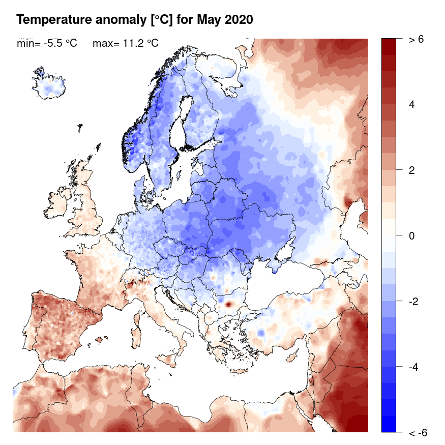 Figure 4. Temperature anomaly [°C] for May 2020, relative to a long-term average (1990-2013). Blue (red) denotes colder (warmer) temperatures than normal.