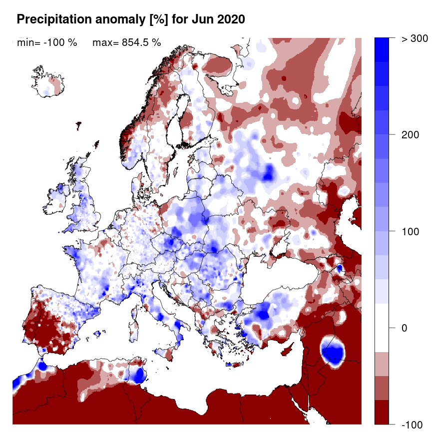 Figure 2. Precipitation anomaly [%] for June 2020, relative to a long-term average (1990-2013). Blue (red) denotes wetter (drier) conditions than normal.