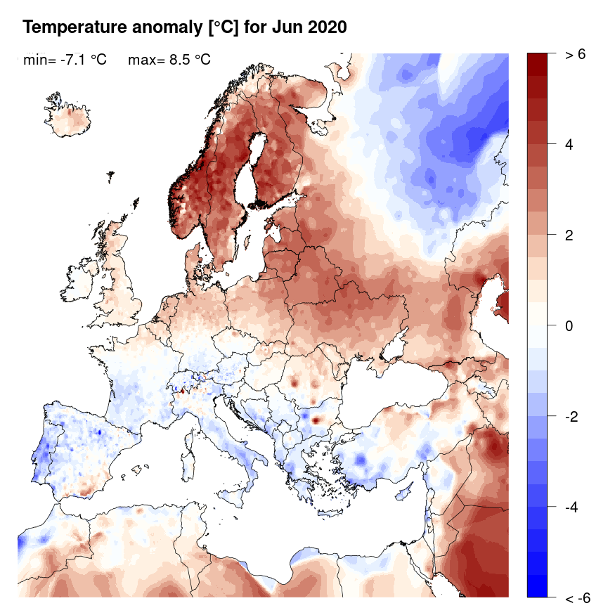 Figure 4. Temperature anomaly [°C] for June 2020, relative to a long-term average (1990-2013). Blue (red) denotes colder (warmer) temperatures than normal.