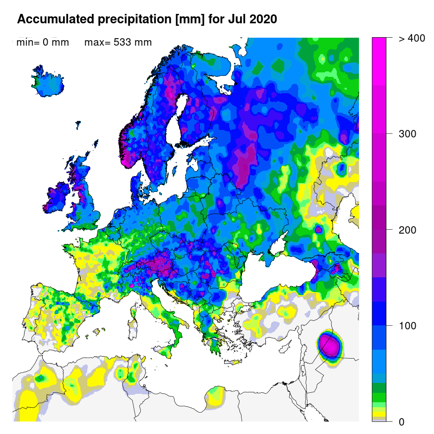 Figure 1. Accumulated precipitation [mm] for July 2020.