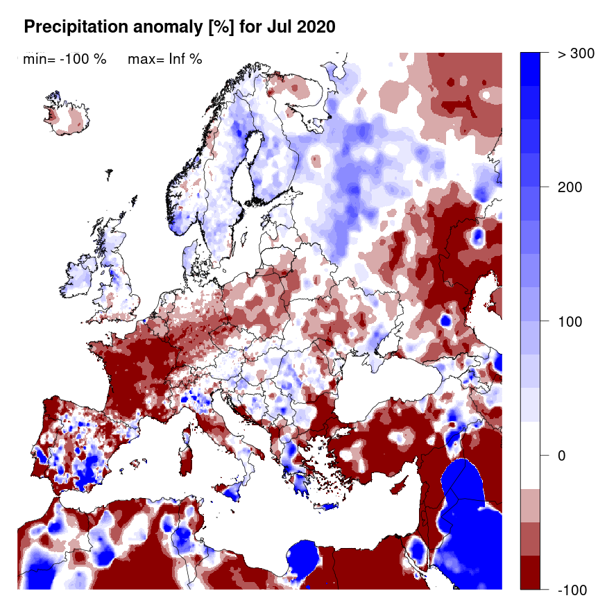Figure 2. Precipitation anomaly [%] for July 2020, relative to a long-term average (1990-2013). Blue (red) denotes wetter (drier) conditions than normal.