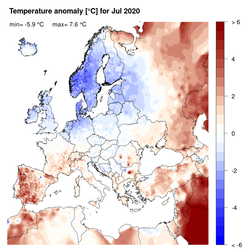 Figure 4. Temperature anomaly [°C] for July 2020, relative to a long-term average (1990-2013). Blue (red) denotes colder (warmer) temperatures than normal.