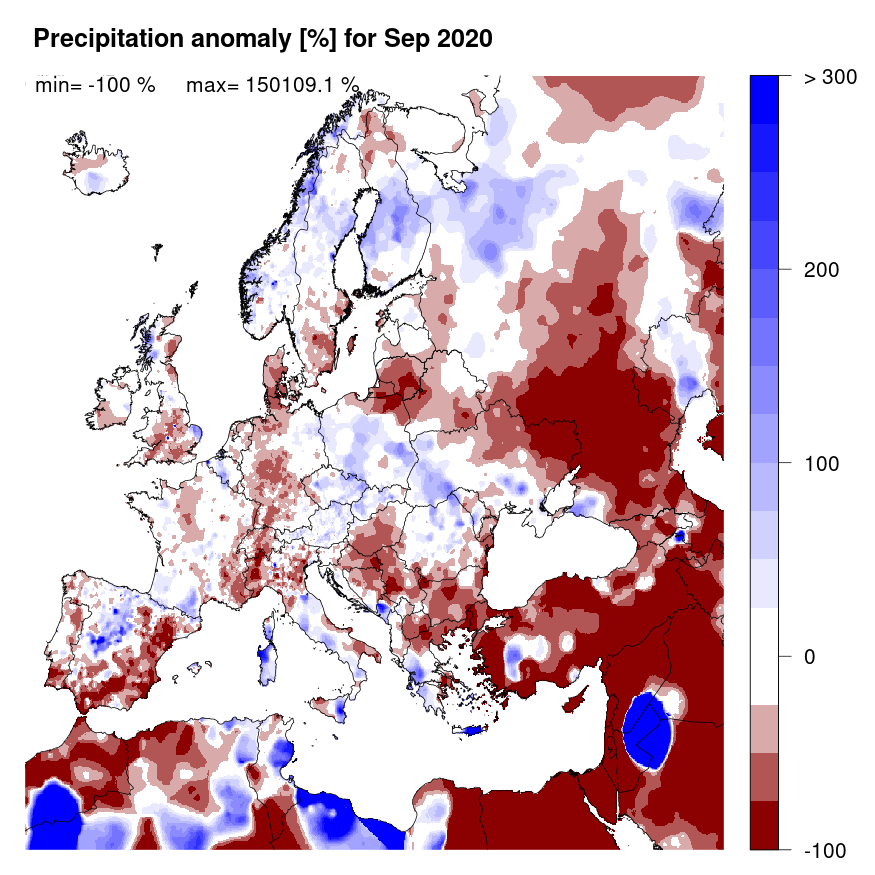 Figure 2. Precipitation anomaly [%] for September 2020, relative to a long-term average (1990-2013). Blue (red) denotes wetter (drier) conditions than normal.