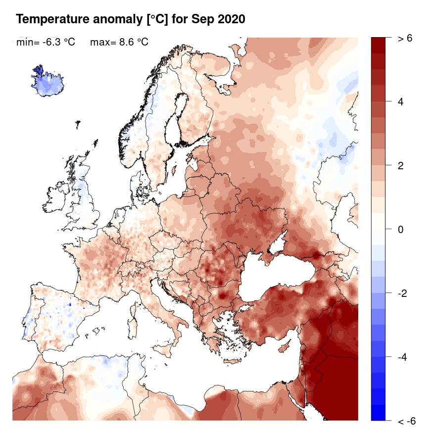 Figure 4. Temperature anomaly [°C] for September 2020, relative to a long-term average (1990-2013). Blue (red) denotes colder (warmer) temperatures than normal.