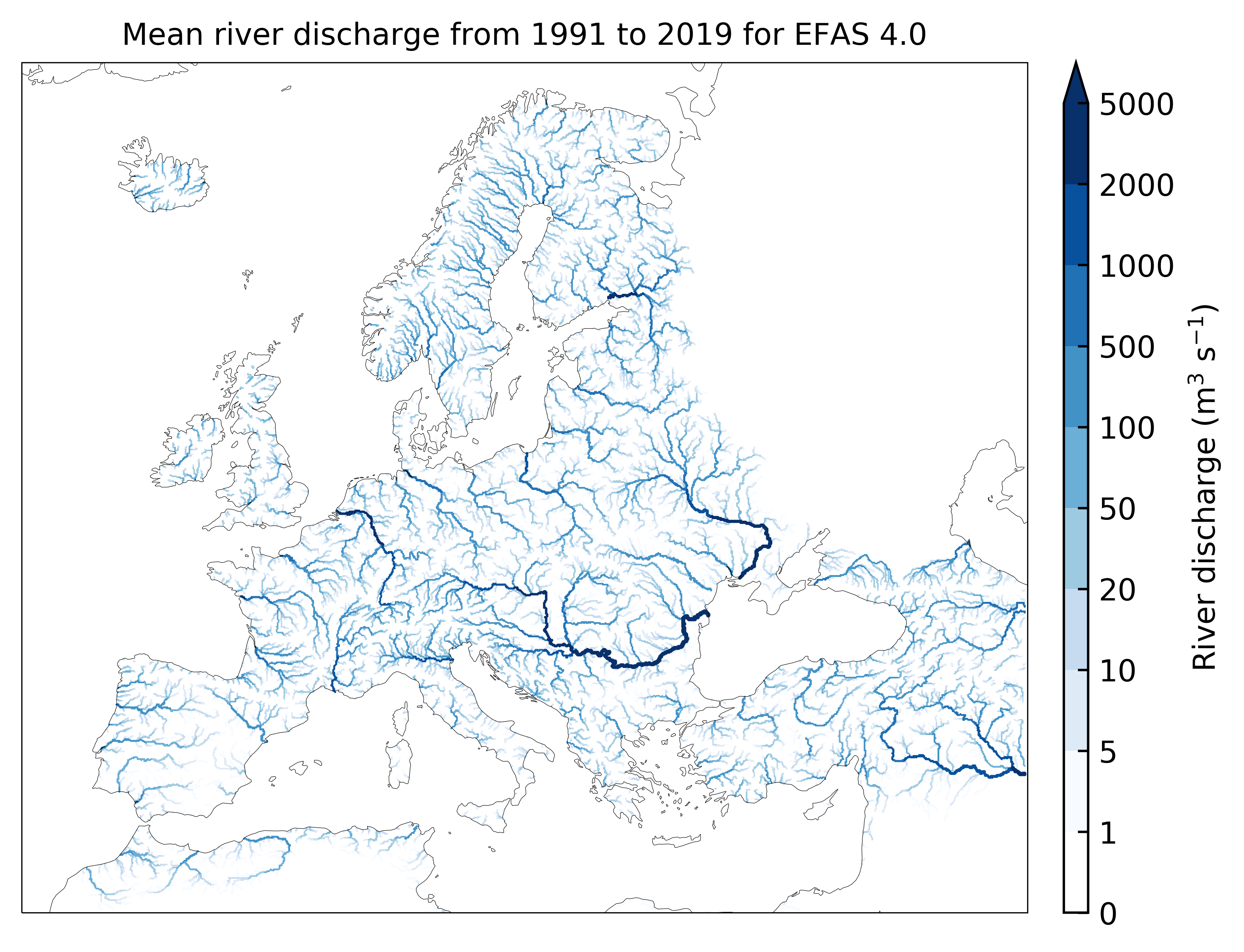 Mean discharge of rivers and streams in EFAS 1991-2019