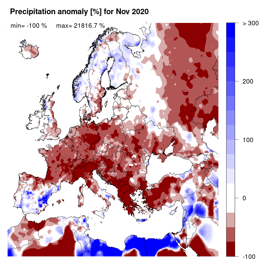 Figure 2. Precipitation anomaly [%] for November 2020, relative to a long-term average (1990-2013). Blue (red) denotes wetter (drier) conditions than normal.