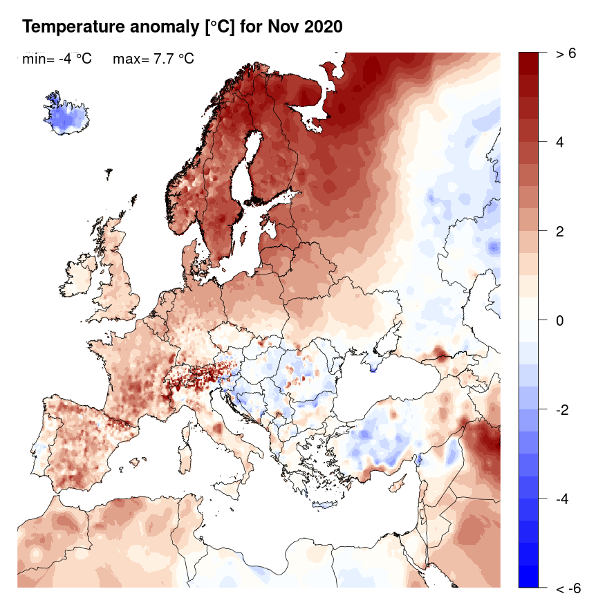 Figure 4. Temperature anomaly [°C] for November 2020, relative to a long-term average (1990-2013). Blue (red) denotes colder (warmer) temperatures than normal.