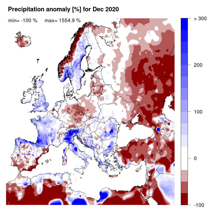 Figure 2. Precipitation anomaly [%] for December 2020, relative to a long-term average (1990-2013). Blue (red) denotes wetter (drier) conditions than normal.