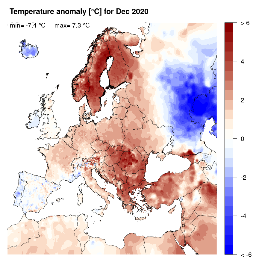 Figure 4. Temperature anomaly [°C] for December 2020, relative to a long-term average (1990-2013). Blue (red) denotes colder (warmer) temperatures than normal.