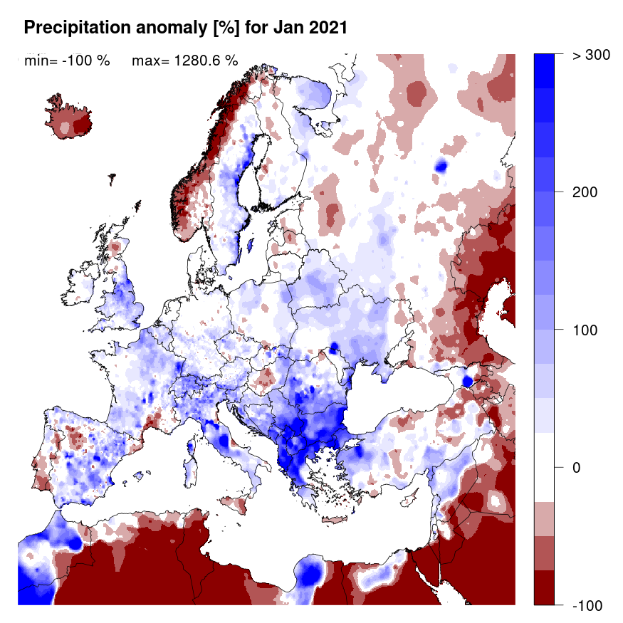 Figure 2. Precipitation anomaly [%] for January 2021, relative to a long-term average (1990-2013). Blue (red) denotes wetter (drier) conditions than normal.