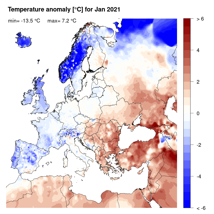 Figure 4. Temperature anomaly [°C] for January 2021, relative to a long-term average (1990-2013). Blue (red) denotes colder (warmer) temperatures than normal.