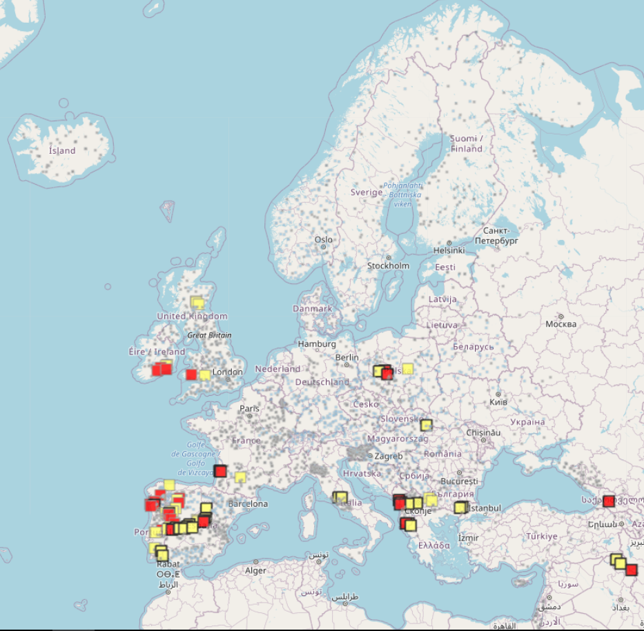 Figure 1: Locations of the new fixed reporting points, shown in the EFAS map viewer.