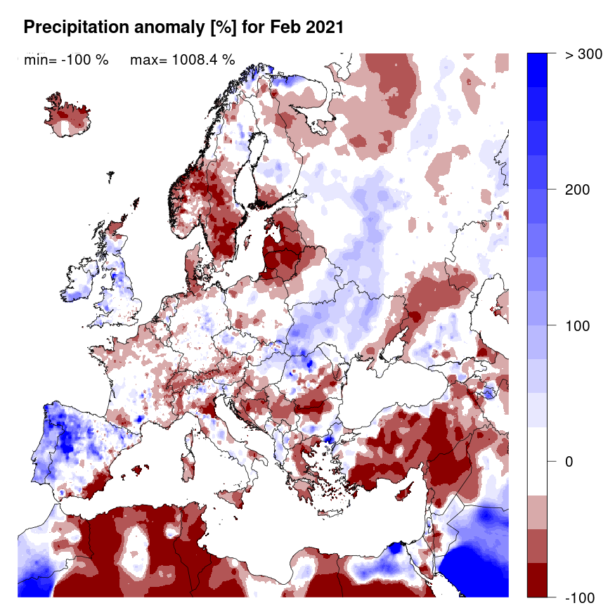 Figure 2. Precipitation anomaly [%] for February 2021, relative to a long-term average (1990-2013). Blue (red) denotes wetter (drier) conditions than normal.