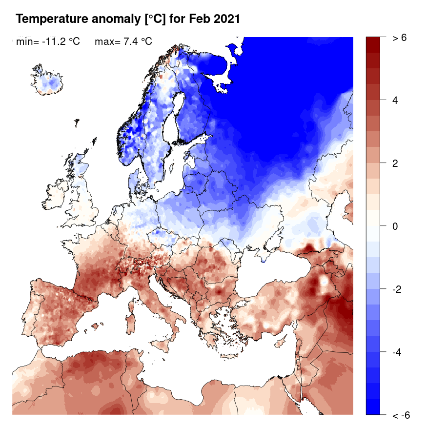 Figure 4. Temperature anomaly [°C] for February 2021, relative to a long-term average (1990-2013). Blue (red) denotes colder (warmer) temperatures than normal.
