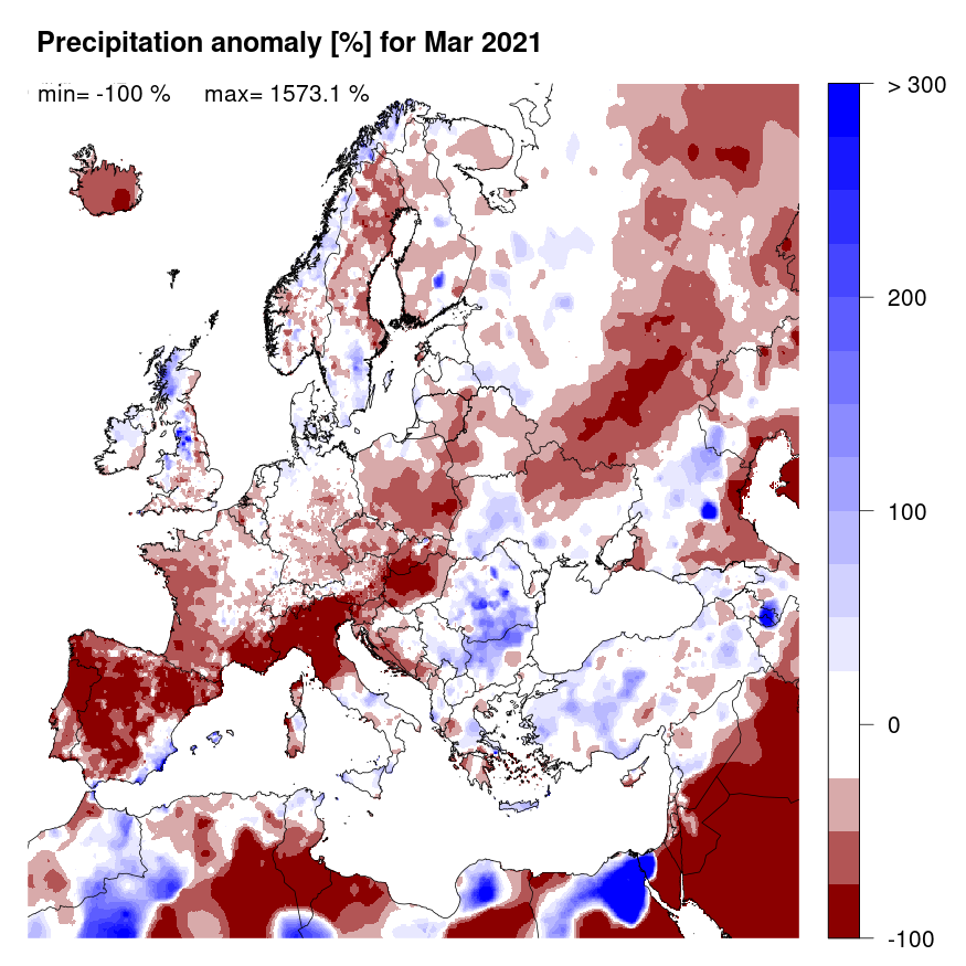 Figure 2. Precipitation anomaly [%] for March 2021, relative to a long-term average (1990-2013). Blue (red) denotes wetter (drier) conditions than normal.