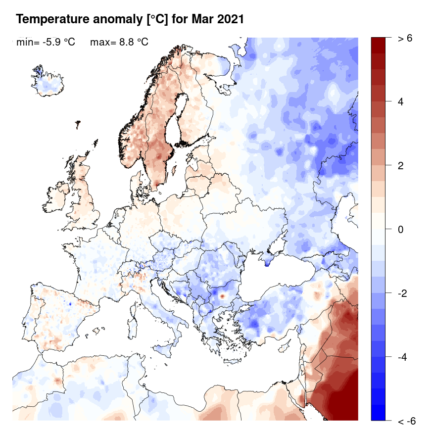 Figure 4. Temperature anomaly [°C] for March 2021, relative to a long-term average (1990-2013). Blue (red) denotes colder (warmer) temperatures than normal.
