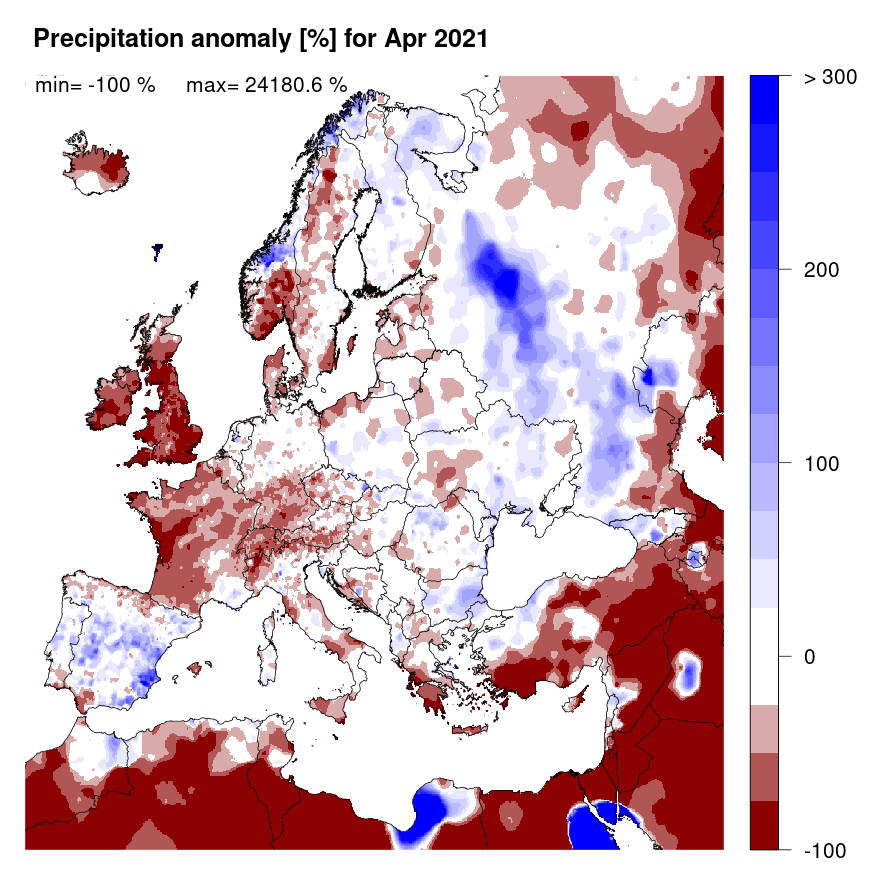 Figure 2. Precipitation anomaly [%] for April 2021, relative to a long-term average (1990-2013). Blue (red) denotes wetter (drier) conditions than normal.