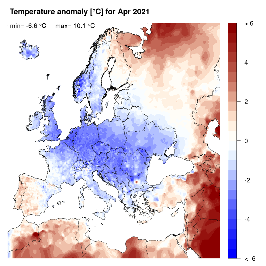 Figure 4. Temperature anomaly [°C] for April 2021, relative to a long-term average (1990-2013). Blue (red) denotes colder (warmer) temperatures than normal.