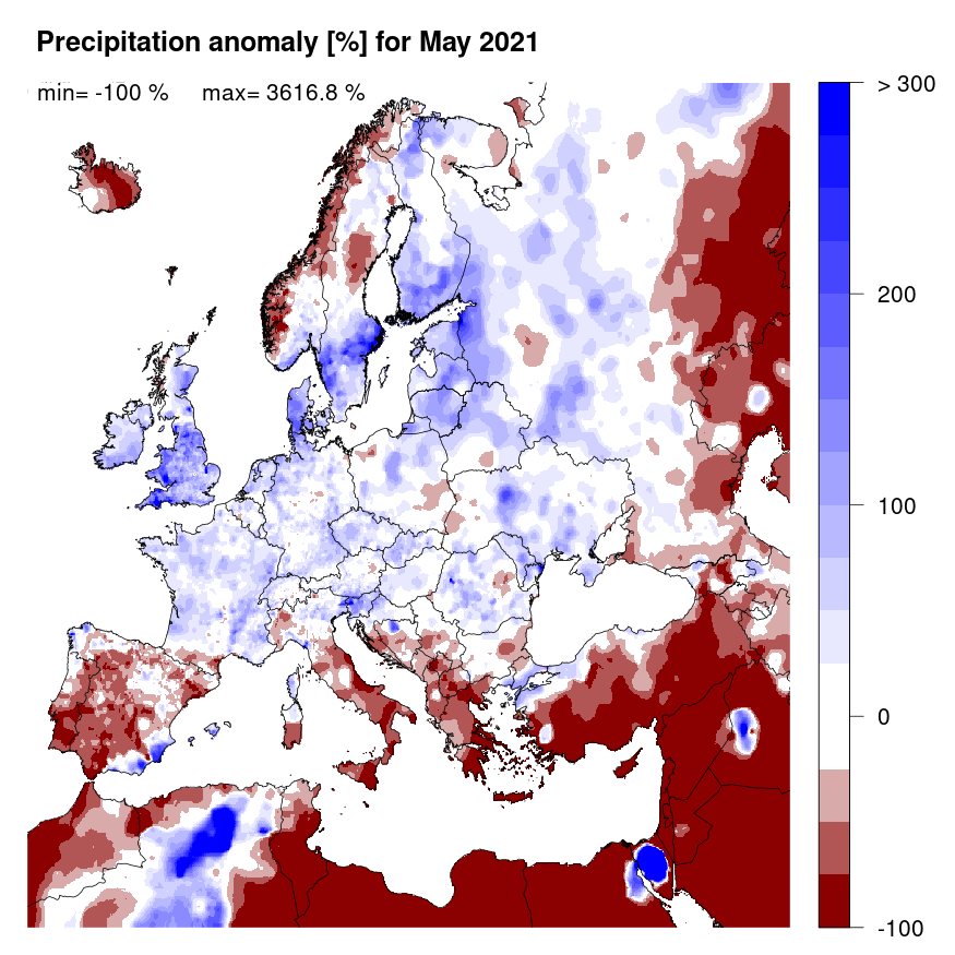 Figure 2. Precipitation anomaly [%] for May 2021, relative to a long-term average (1990-2013). Blue (red) denotes wetter (drier) conditions than normal.