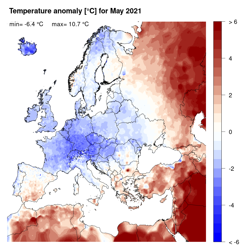 Figure 4. Temperature anomaly [°C] for May 2021, relative to a long-term average (1990-2013). Blue (red) denotes colder (warmer) temperatures than normal.